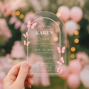 Pink Butterfly Quinceanera Acrylic Invitation
