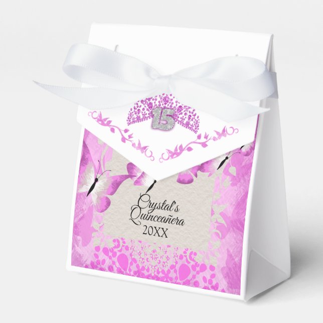 Pink Butterfly Quinceanera Favor Box (Front Side)