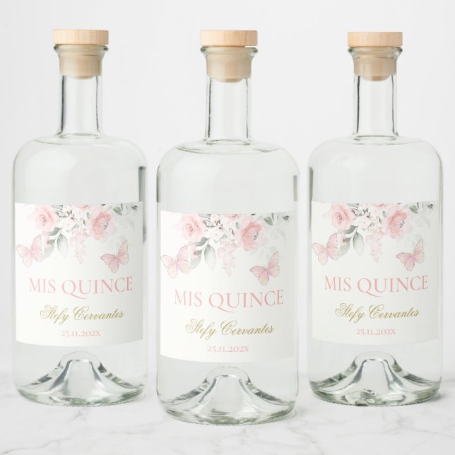 Pink Butterfly Quinceañera Liquor Bottle Label (Bottles)