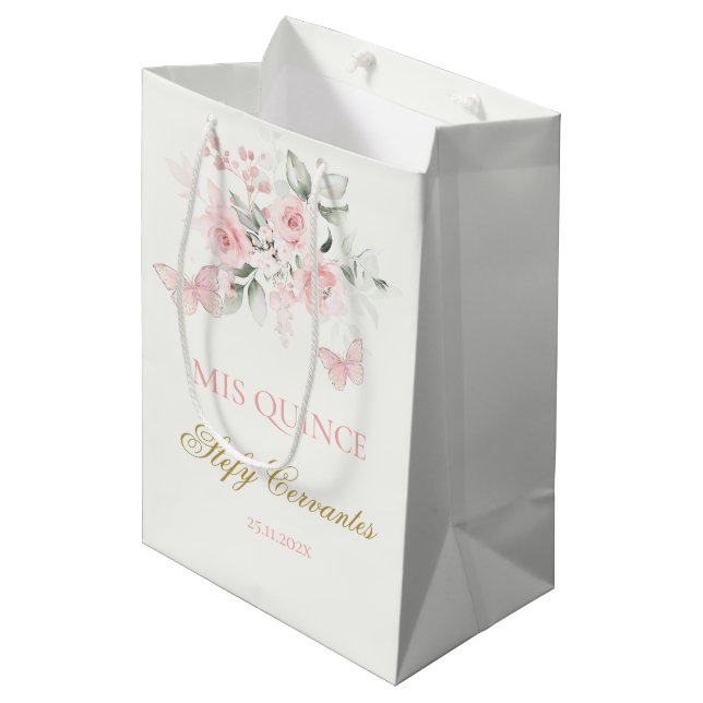 Pink Butterfly Quinceañera Medium Gift Bag (Front Angled)