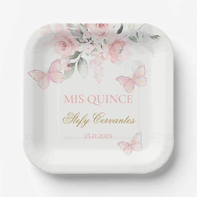 Pink Butterfly Quinceañera Paper Plates (Front)