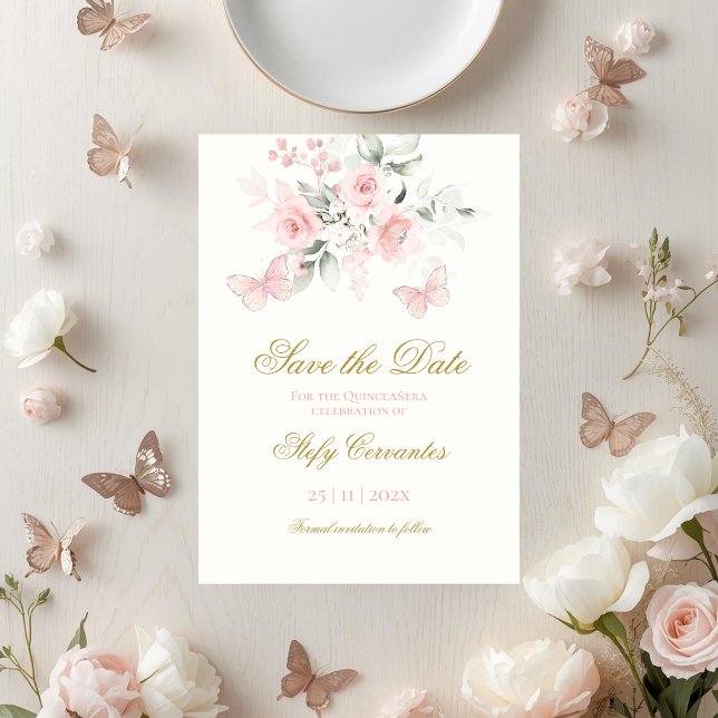 Pink Butterfly Quinceañera Save The Date (Creator Uploaded)