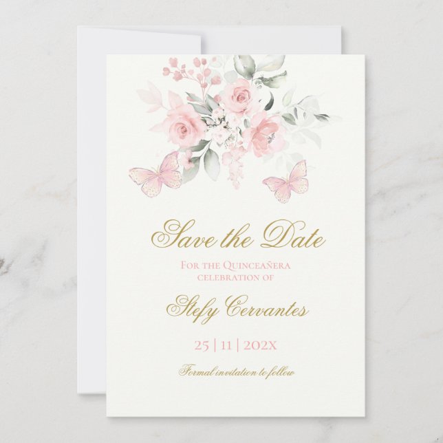 Pink Butterfly Quinceañera Save The Date (Front)