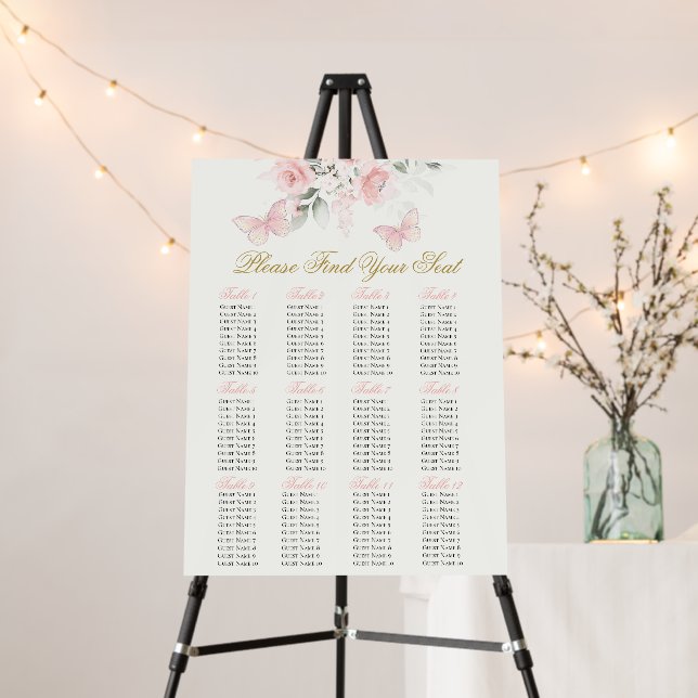 Pink Butterfly Quinceañera Seating Chart Foam Board (In Situ (Stand))