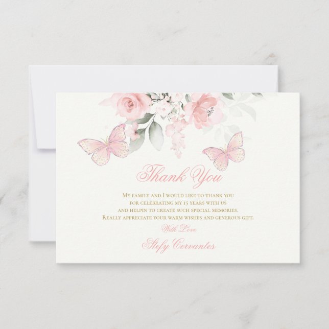 Pink Butterfly Quinceañera Thank You Card (Front)