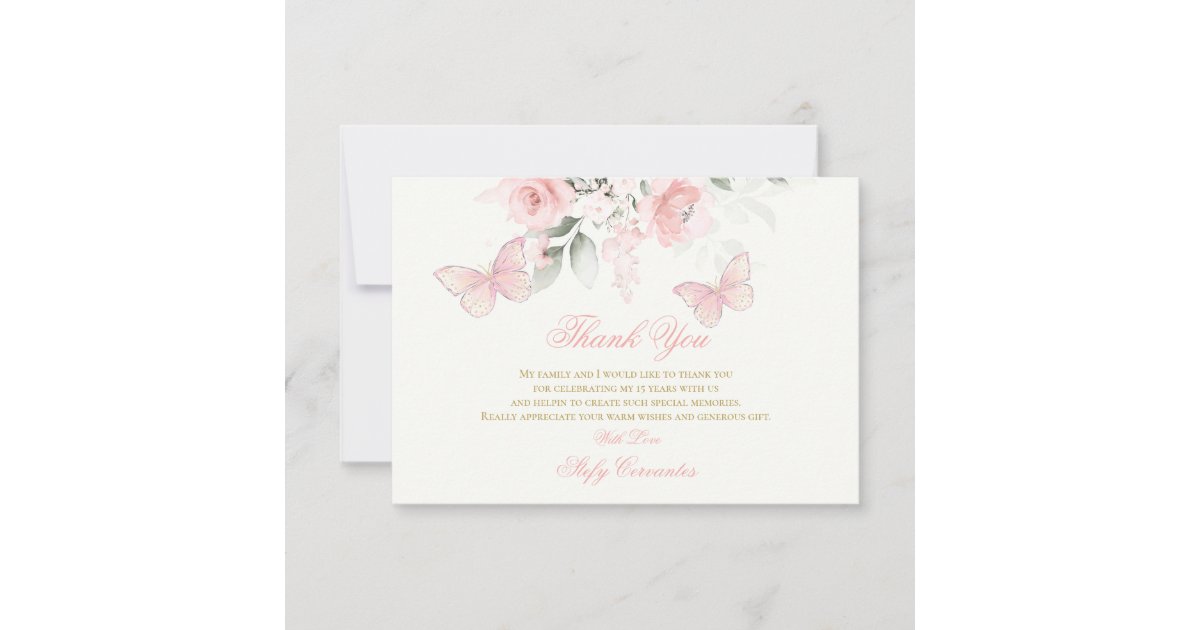 Pink Butterfly Quinceañera Thank You Card Zazzle
