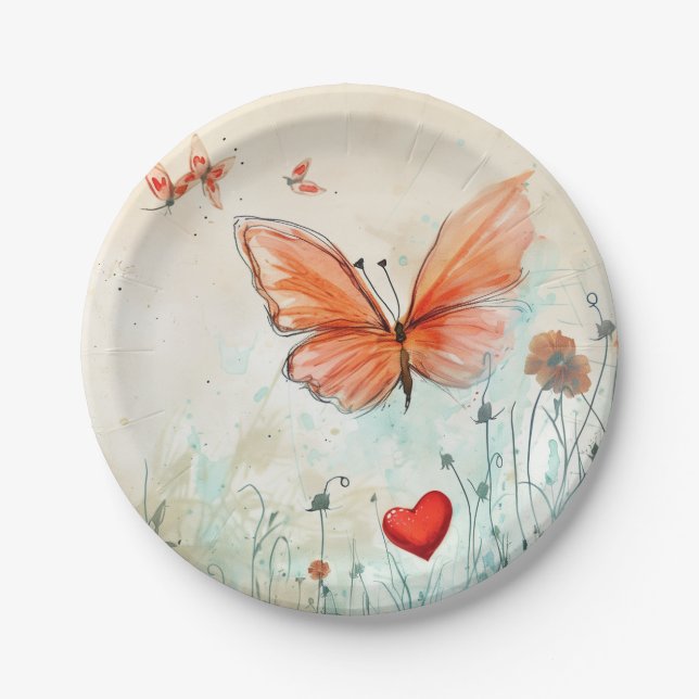 Pink Butterfly & Red Heart Paper Plates (Front)