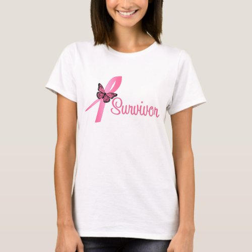 Pink Butterfly Ribbon _ Breast Cancer Survivor T_Shirt