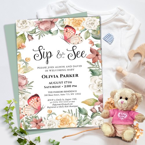 Pink Butterfly Rose Floral Baby Girl SIP AND SEE Invitation
