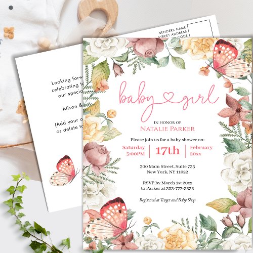 Pink Butterfly Rose Floral Green Girl Baby Shower Invitation Postcard