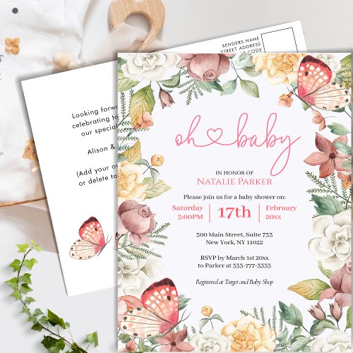 Pink Butterfly Rose Floral Green Girl Baby Shower Invitation Postcard