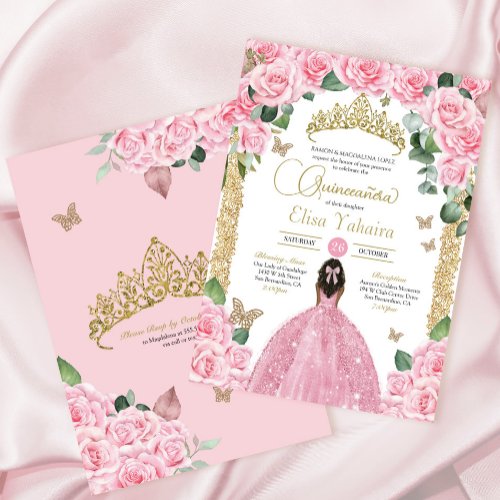 Pink Butterfly Rose Floral Princess Quinceanera Invitation