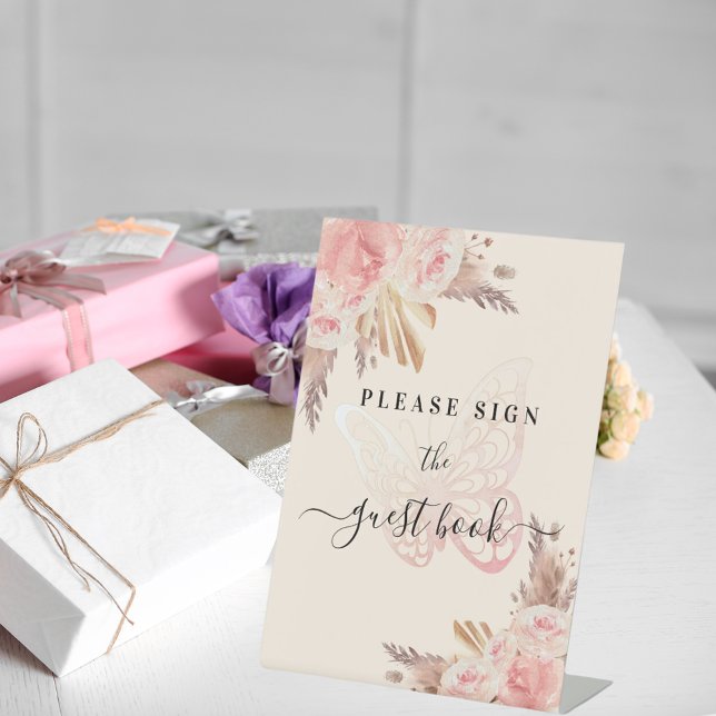 Pink butterfly roses beige pampas guest book sign (Creator Uploaded)