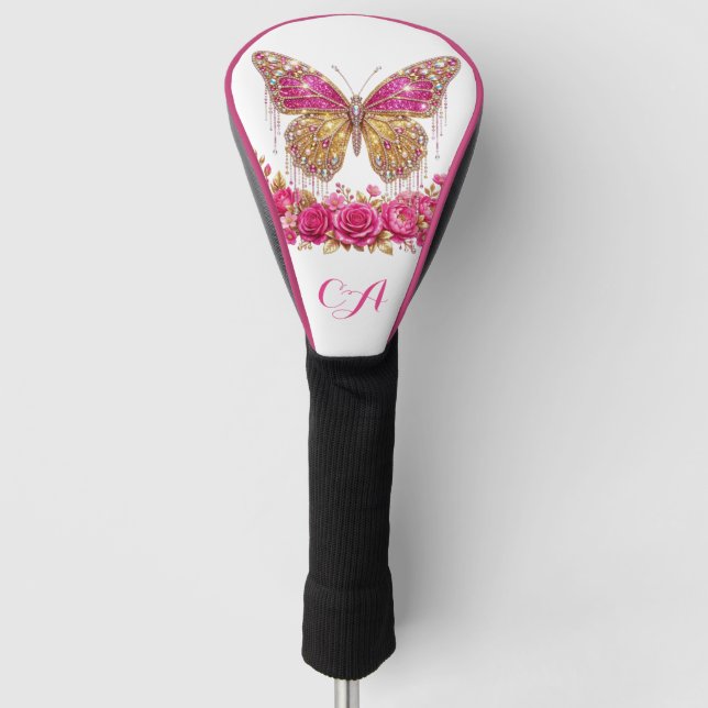 Pink Butterfly Roses Glam Personalized Design Golf Head Cover (Front)