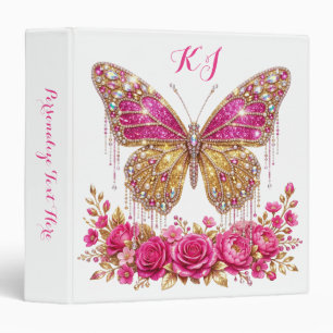 Pink Butterfly Roses Gold Personalized Design 3 Ring Binder