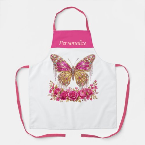 Pink Butterfly Roses Gold Personalized Design Apron
