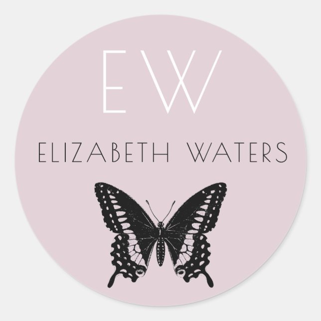 PINK BUTTERFLY ROUND CUSTOM NAME STICKER (Front)