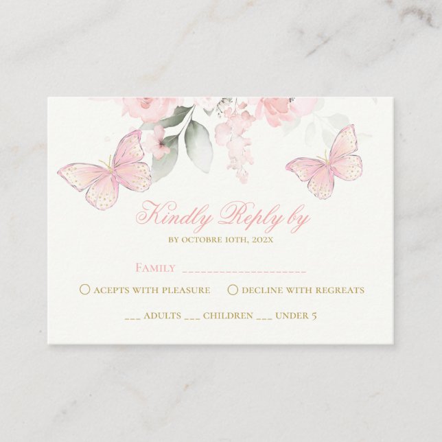 Pink Butterfly RSVP Quinceanera Enclosure Card (Front)