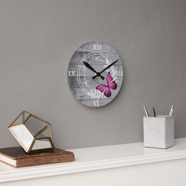 Pink Butterfly Rustic Acrylic Wall Clock (Office)
