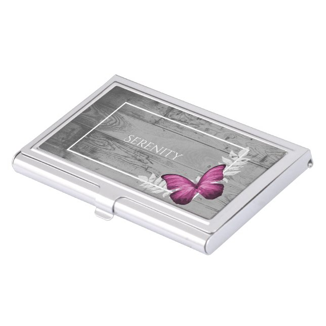 Pink Butterfly Rustic Business Card Case (Front)
