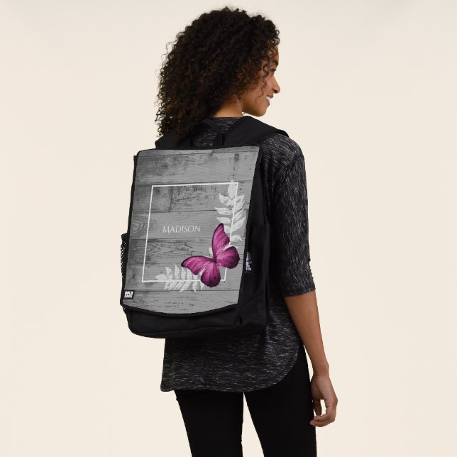 Pink Butterfly Rustic Personalized Backpack (Worn)