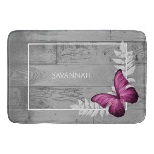 Pink Butterfly Rustic Personalized Bath Mat