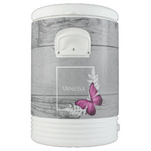 Pink Butterfly Rustic Personalized Beverage Cooler