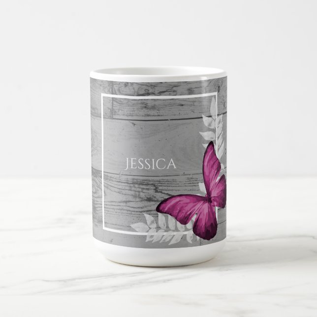 Pink Butterfly Rustic Personalized Coffee Mug (Center)