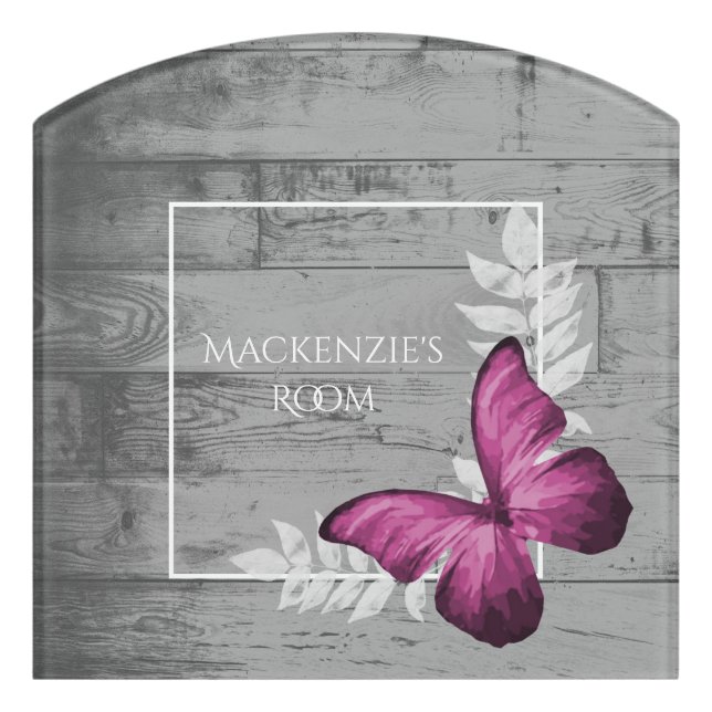Pink Butterfly Rustic Personalized Door Sign (Contour Front)