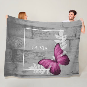 Pink Butterfly Rustic Personalized Fleece Blanket