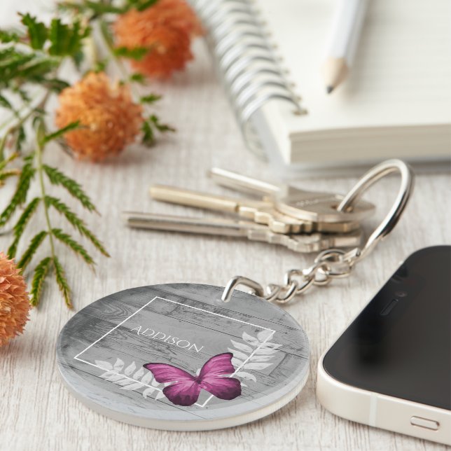Pink Butterfly Rustic Personalized Keychain (Front Right)