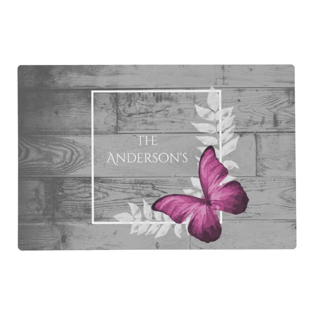 Pink Butterfly Rustic Personalized Placemat (Front)