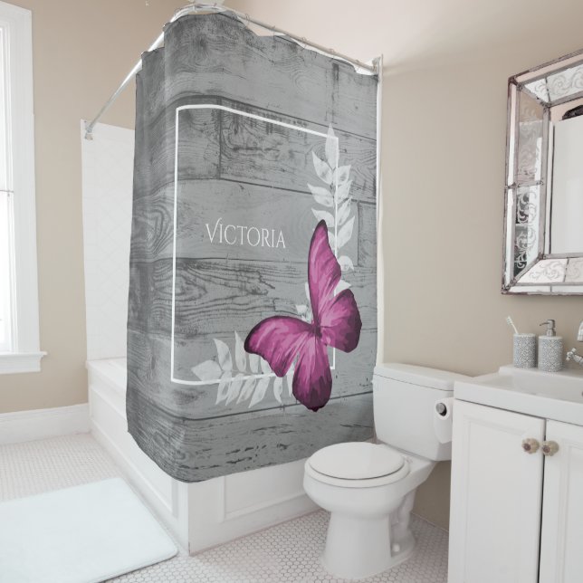 Pink Butterfly Rustic Personalized Shower Curtain (In Situ)
