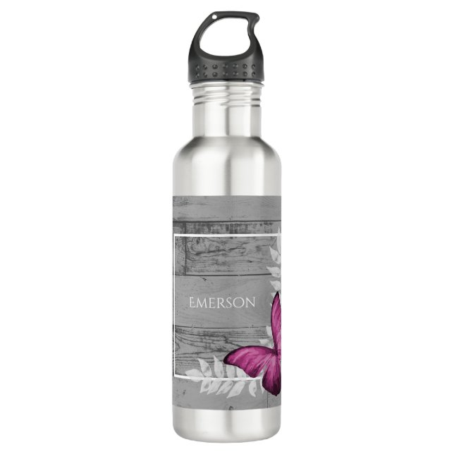 Pink Butterfly Rustic Personalized Stainless Steel Water Bottle (Front)