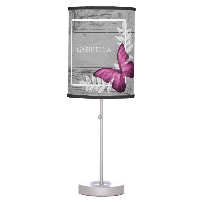 Pink Butterfly Rustic Personalized Table Lamp (Front)