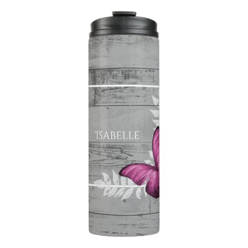 Pink Butterfly Rustic Personalized Thermal Tumbler