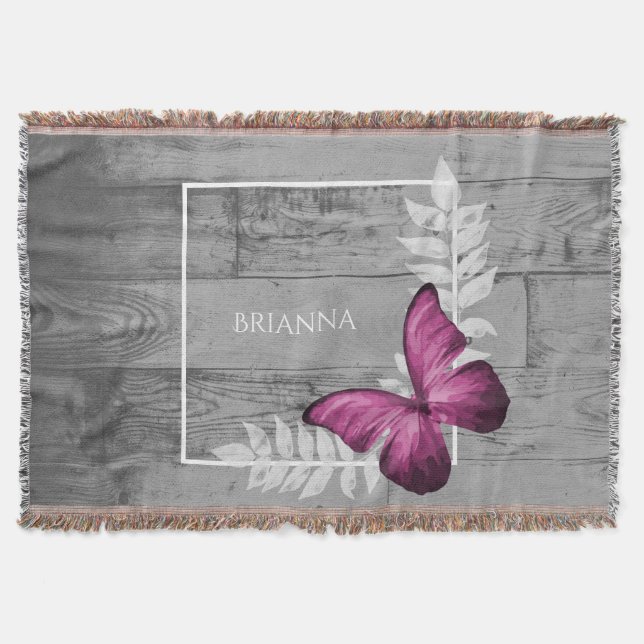 Pink Butterfly Rustic Personalized Throw Blanket (Front)