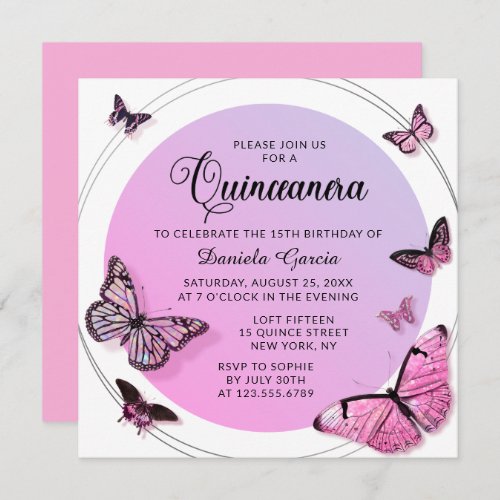 Pink Butterfly Shimmer Modern Quinceaera Invitation