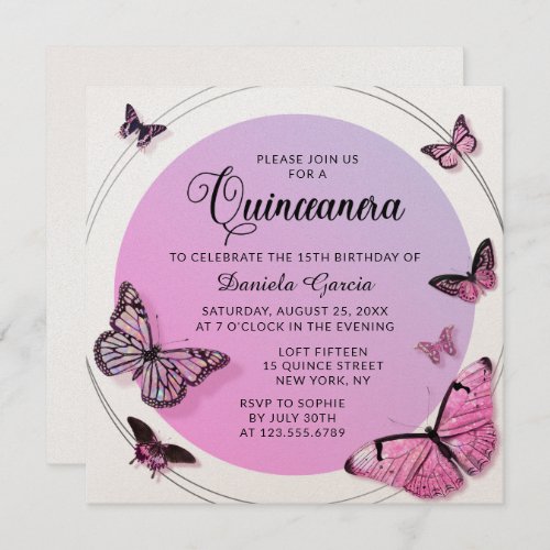 Pink Butterfly Shimmer Modern Quinceaera Invitation