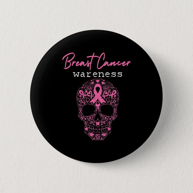 Pink Butterfly Skull Breast Cancer Awareness Hallo Button (Front)