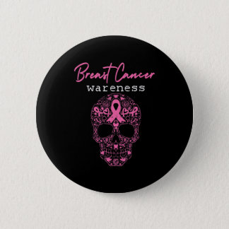 Pink Butterfly Skull Breast Cancer Awareness Hallo Button