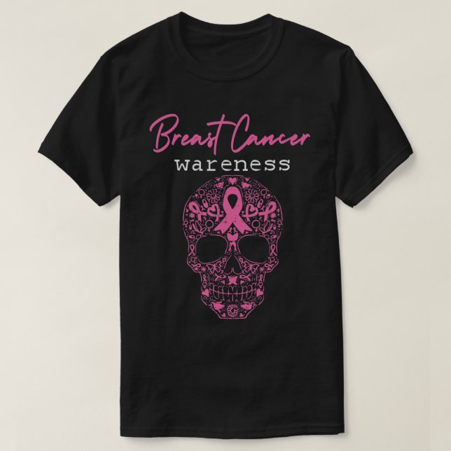 Pink Butterfly Skull Breast Cancer Awareness Hallo T-Shirt (Design Front)