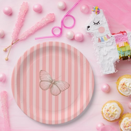 Pink Butterfly Stripes Paper Plates