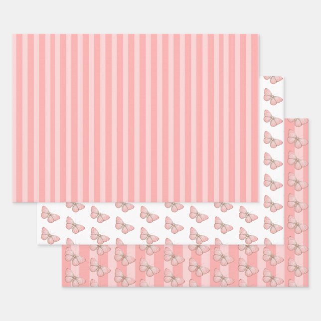 Pink Butterfly Stripes Wrapping Paper Sheets (Set)