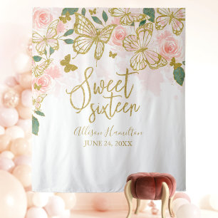 Pink Butterfly Sweet 16 Party Photo Backdrop