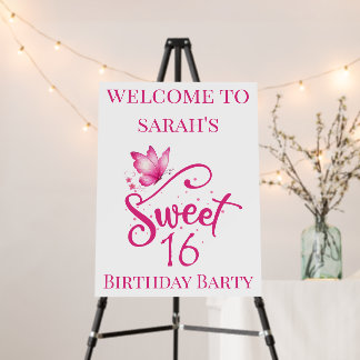 Pink Butterfly Sweet Sixteen Welcome Sign