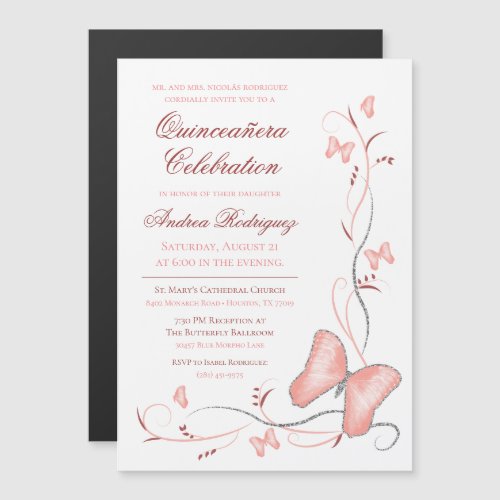 Pink Butterfly  Swirls Quinceaera Magnetic Invitation