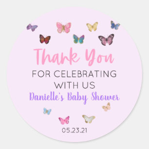 Pink Butterfly Thank You Baby Shower Favor Sticker