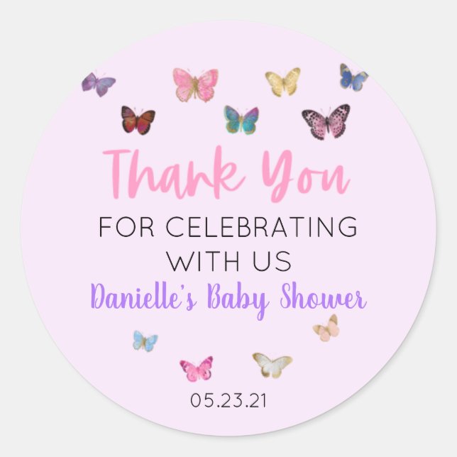 Pink Butterfly Thank You Baby Shower Favor Sticker (Front)