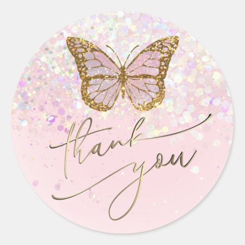  pink butterfly thank you classic round sticker